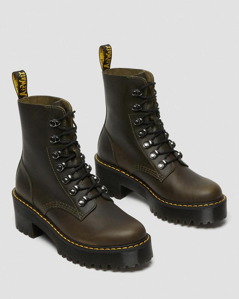 Brown Women's Dr Martens Leona Leather Heeled Boots | CA 141WNB